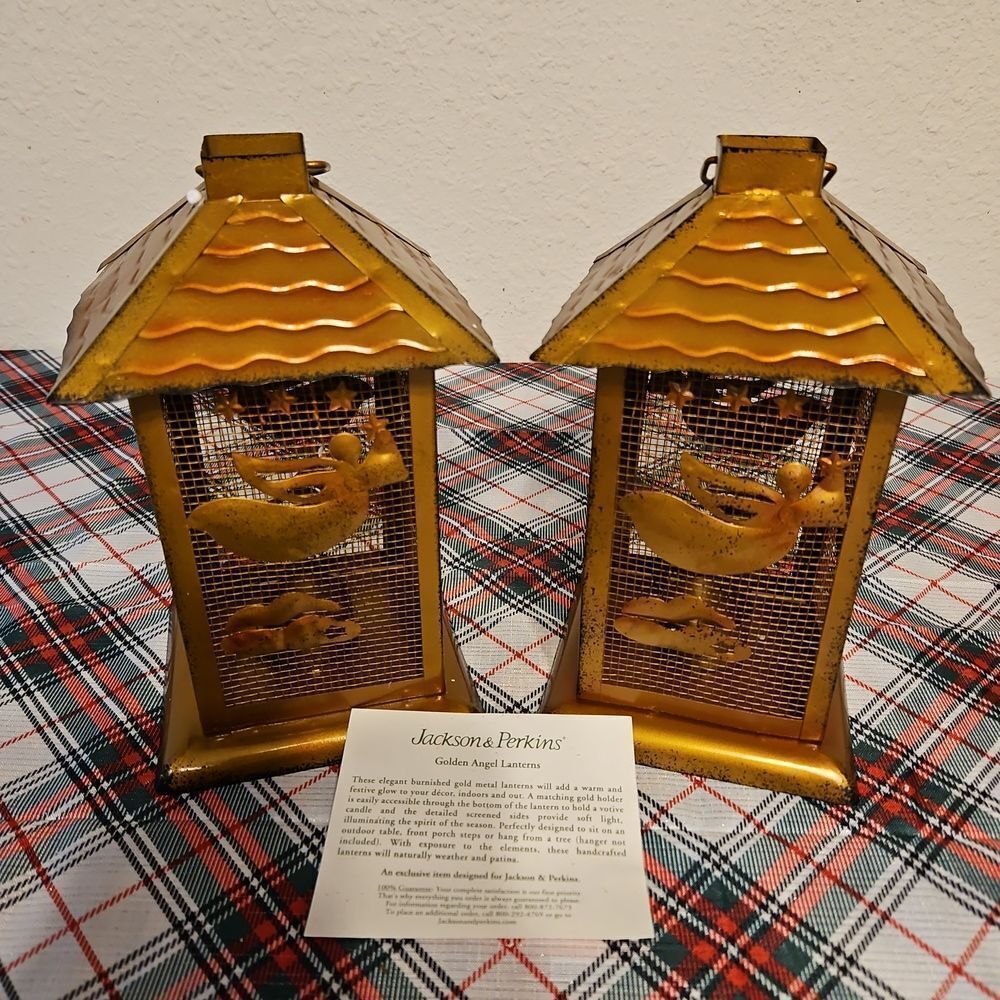 Set of 2 Jackson & Perkins Burnished Golden Angel Metal Lanterns